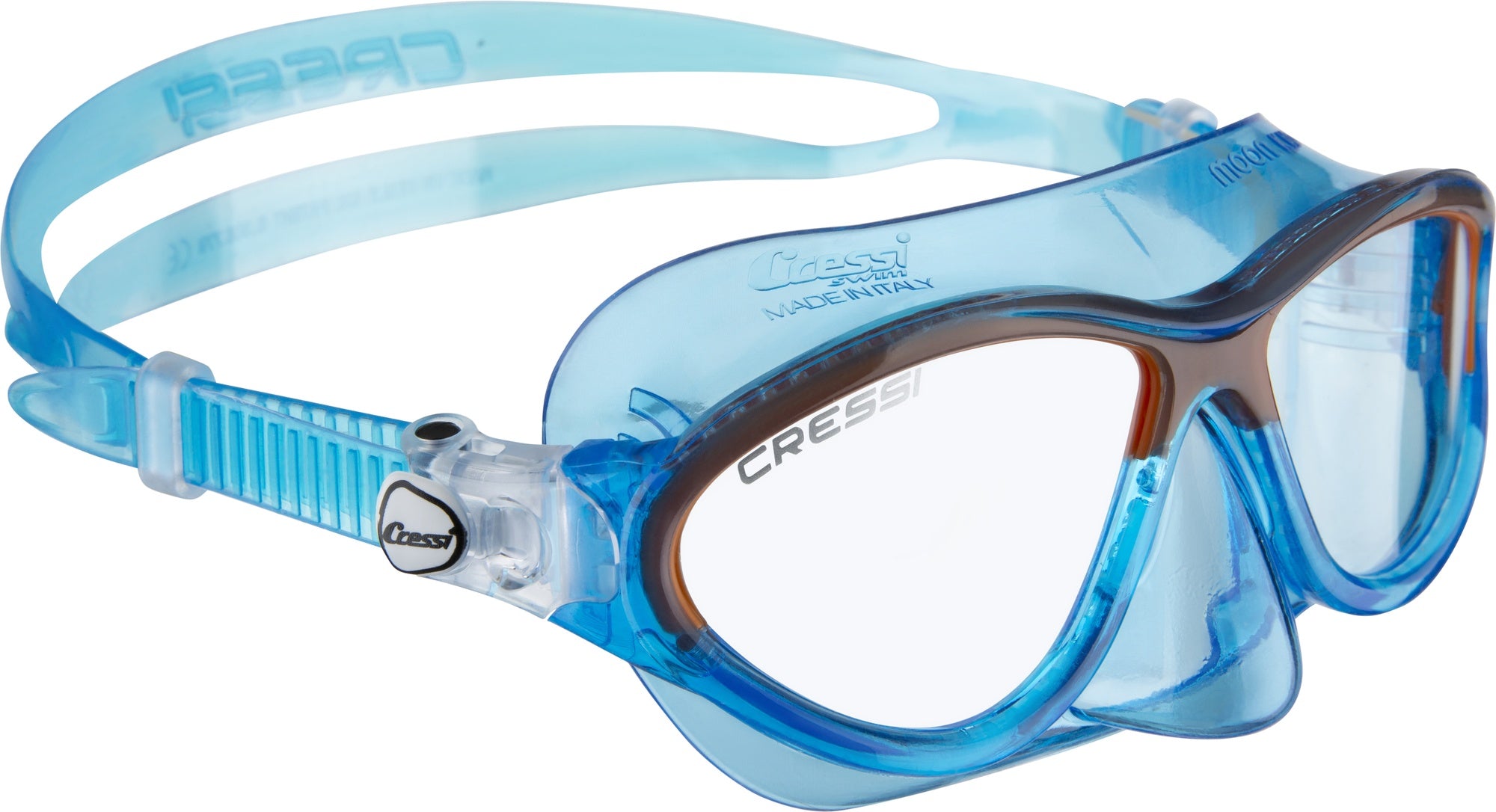 Blaue und orange Cressi Moon Kindermaske mit leicht verstellbarem Maskenband