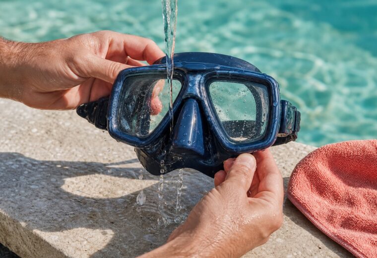 Tauchmaske wird mit klarem Süßwasser abgespült