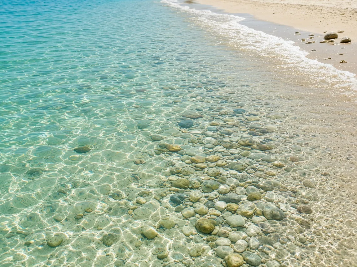Klares, flaches Wasser an einem Sandstrand mit Steinen am Grund