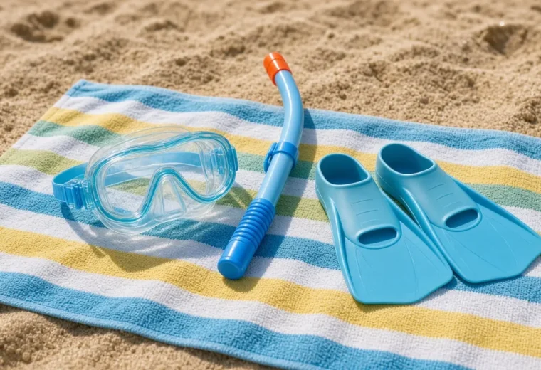 Kinder-Schnorchelset mit kleiner Maske, Schnorchel und Flossen auf einem Badetuch am Strand