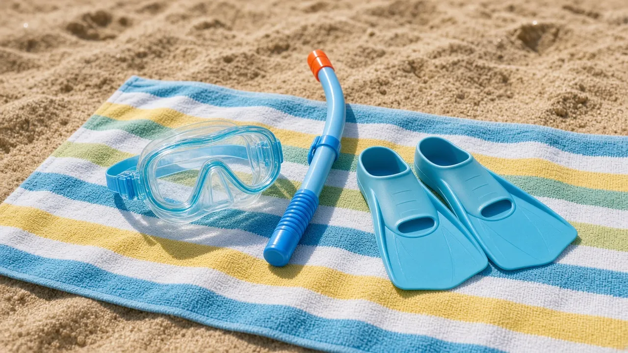 Kinder-Schnorchelset mit kleiner Maske, Schnorchel und Flossen auf einem Badetuch am Strand