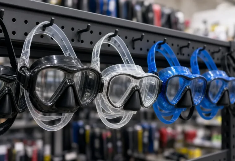 Regal mit mehreren Tauchmasken in einem Sportgeschäft, Marken nicht erkennbar