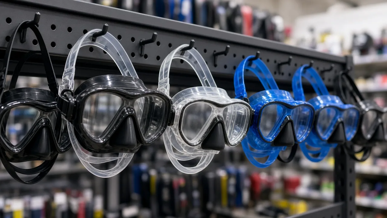 Regal mit mehreren Tauchmasken in einem Sportgeschäft, Marken nicht erkennbar