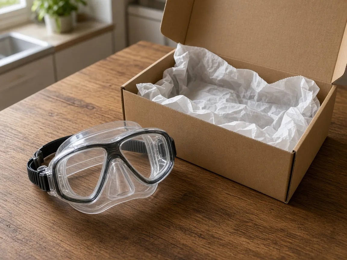 Tauchmaske liegt ausgepackt neben dem Versandkarton auf einem Tisch