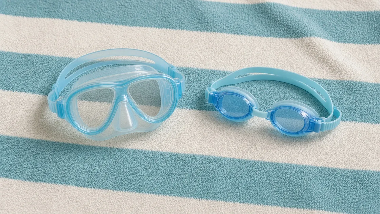 Kinder-Tauchmaske und kleine Schwimmbrille nebeneinander auf einem Handtuch