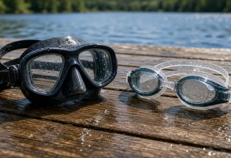 Tauchmaske mit Nasenerker und Schwimmbrille liegen nebeneinander auf nassem Holzsteg