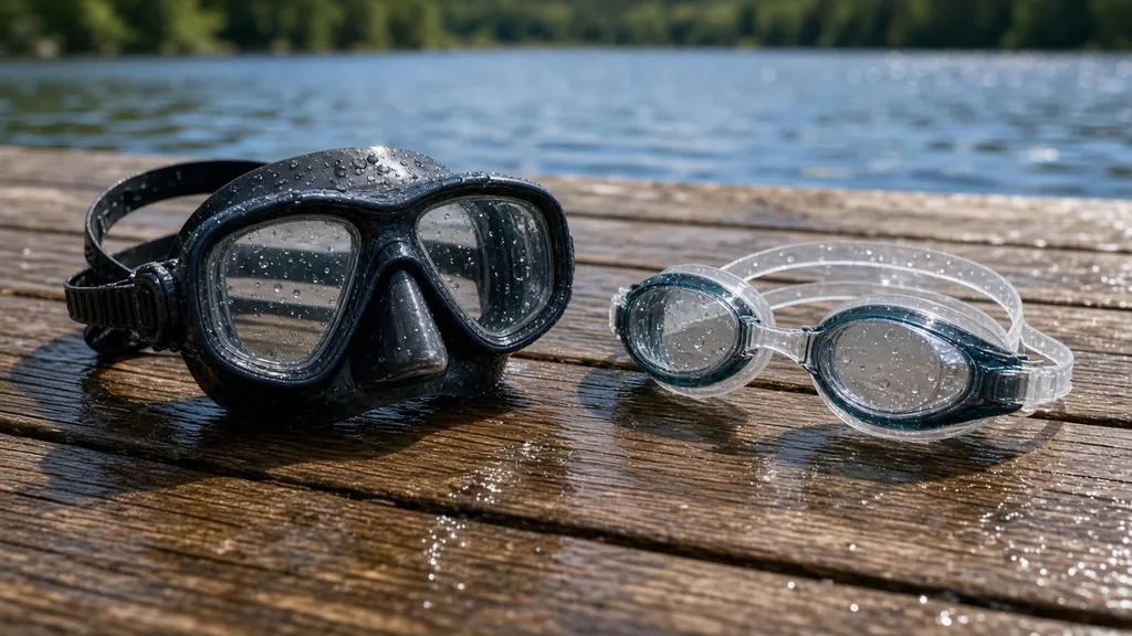 Tauchmaske mit Nasenerker und Schwimmbrille liegen nebeneinander auf nassem Holzsteg